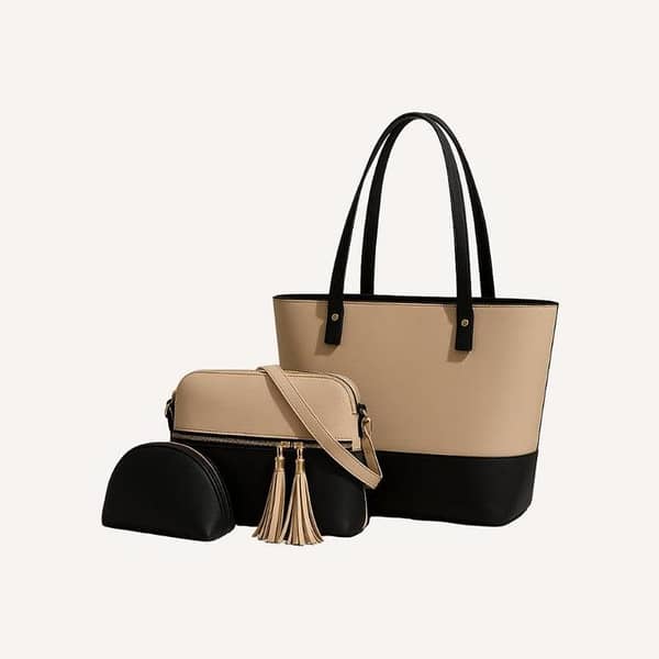 Grace 3 Pcs Handbag Set- Beige & Black– Double Tone & Shoulder Bag