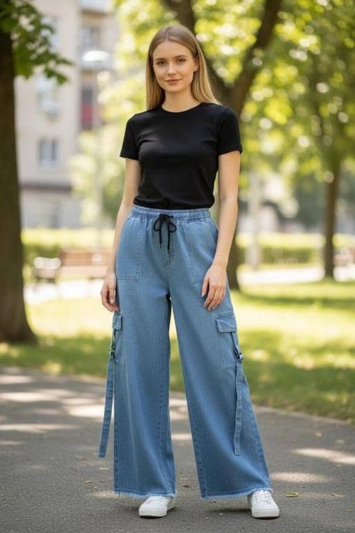 Stylish Women Baggy Cargo Jeans – 6 Pocket Wide Leg Denim Pants Casual Fashion