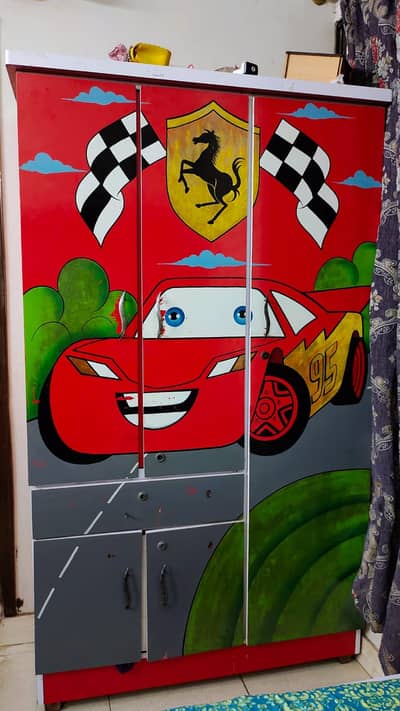 Kids Bed with Almari – Strong Wood, Good Condition – Red Theme