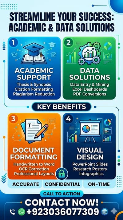 Research, Thesis, Synopsis, PDF conversions, Presentation, Excel etc