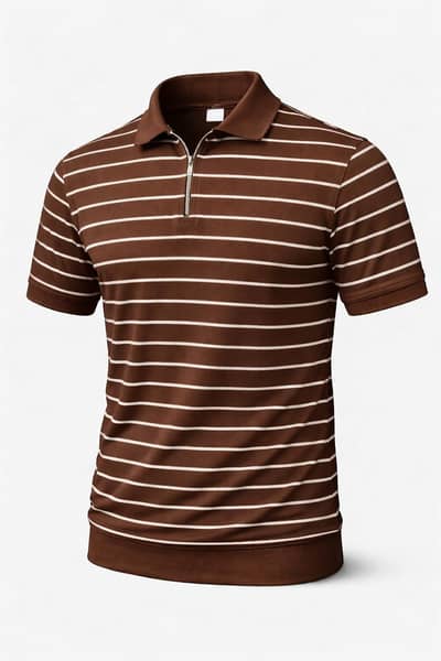 Men’s Casual Striped T-Shirt – Zip Neck Polo Style