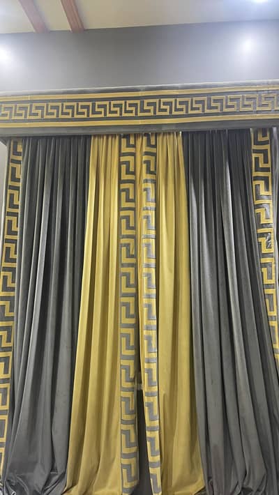 Yellow & Grey Curtain Set - 4 Curtains wth Matching Tiebacks & 1 Cover