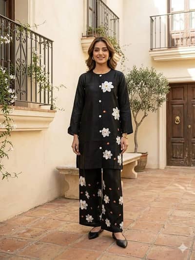 summer trendy design 2 pcs women's stitched embroidered shirt and trou