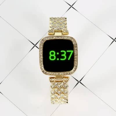 Gold Squre Digital Watch With Diamond Chain Strap For women