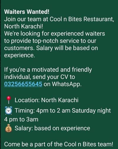 waiters dispatcher & cleaning jobs available