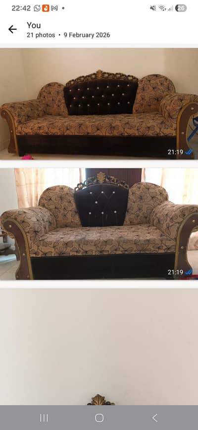 Bed 02 chair two sofa sets one iron stand big one with cupboards