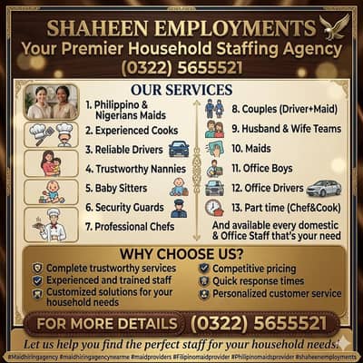 we provide Cook | Driver | Maid | Helper | Office Boy | Baby Sitter |