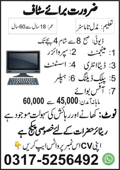 Data entry, supervisor, management, Clark, admin, helper, officeboy. . .