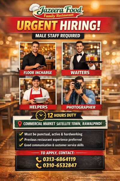 Urgent Hiring Restaurant Staff in Commercial Market Rawalpindi