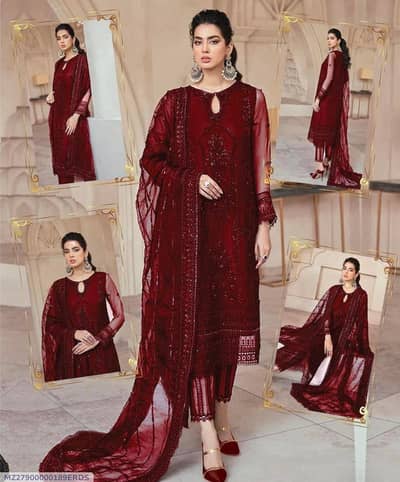 Maroon Net Hand Embroidered 3 piece Suit