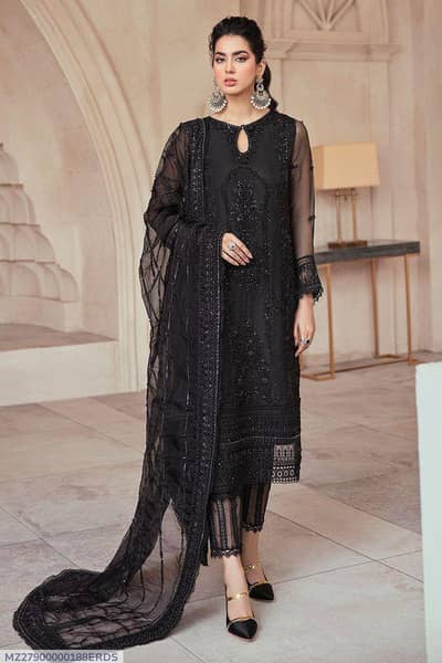 Black Hand Embroidered Net 3 piece Suit