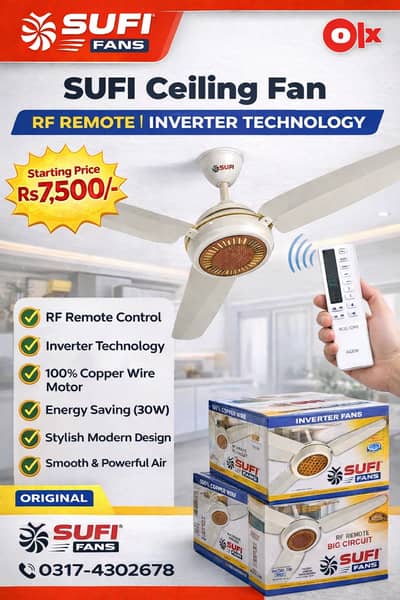SUFI Ceiling Fan 30W, 220W RF Remote Inverter Technology Energy Saving