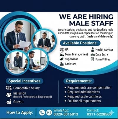 Urgent Hiring Male Staff - Multiple Office Positions Available