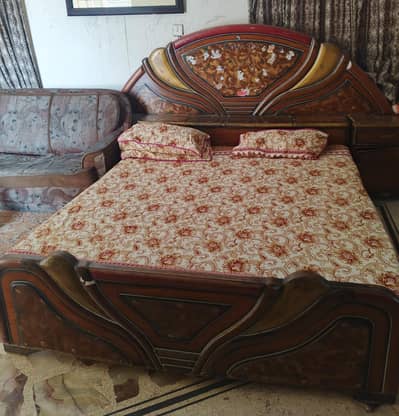 King Size used Bed +  2 Side tables + 5 Seater Sofa Set