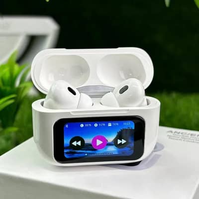white airpods with charging case and display