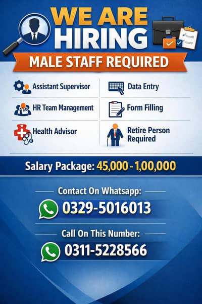 Hiring Male Staff – Assistant, Supervisor, HR & More