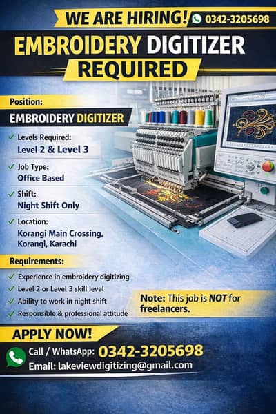 Embroidery Digitizer Job – Level 2 & 3 | Night Shift | Korangi Karachi