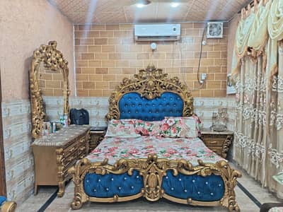 Royal King-Size Bed Set with Matching Dewaan-- Luxury Gold & Blue