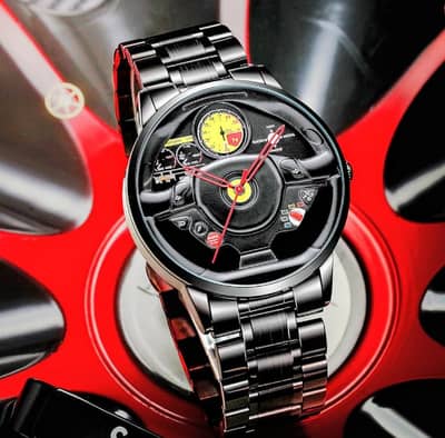 Luxury Sports Car Steering Wheel Design Watch – Black Stainless Steel