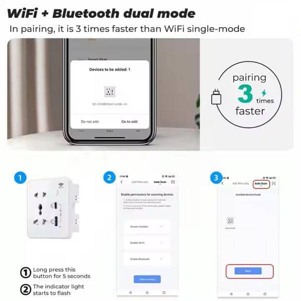 Smart WiFi Wall Socket 10A White with Universal Plug & Dual USB Ports Touch Switch
