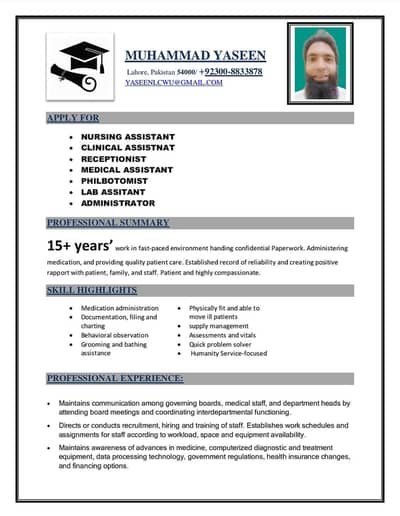 clinical assistant 15 years experience