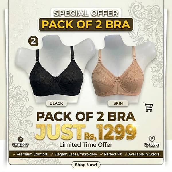 Comfort Premium Embroidered Cotton Bra by (Shelly pack of 2 bra with 2 color)