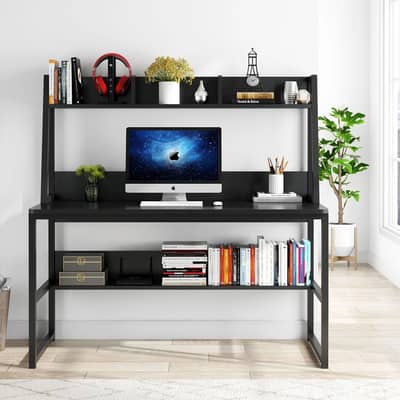 Modern Computer Desk with Hutch & Storage Shelves – Wooden Study Table