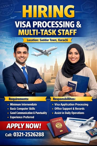 Hiring Visa Processing Staff || Male & Female ( Office Jobs )
