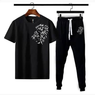 Men Black Lion Printed Track Suit 2 Pcs Polyester