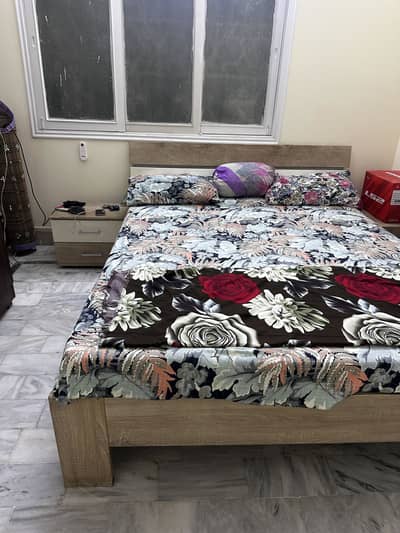 Queen Size Double Bed with Mattress & Side Tables