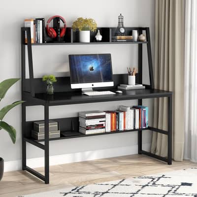 Modern Computer Desk with Hutch & Storage Shelves – Wooden Study Table