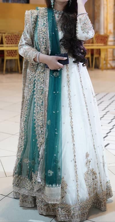Bridal Nikkah Dress – Custom Designed & Unique (White, Golden & Teal)