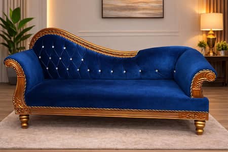 Elegant Blue Velvet Dewan\Chaise Sofa Solid Wood Frame Good Condition