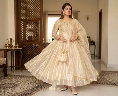 Golden Anarkali Maxi Dress with Dupatta