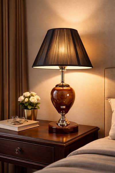 Modern Wooden Table Lamp with Black Shade – Elegant Bedside / Living