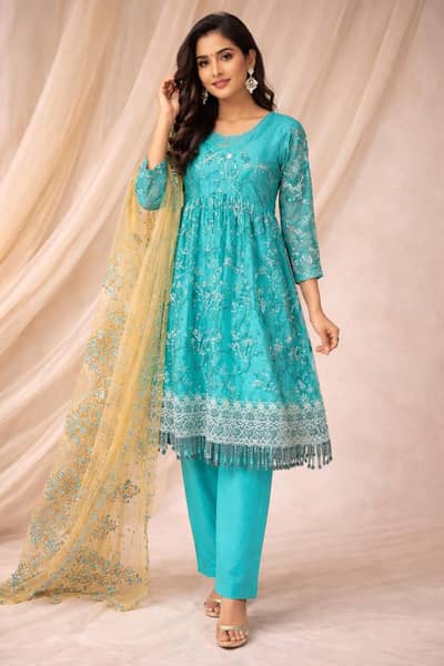 Luxury Sky Heavy Embroidered Frock dress Wedding / Party Wear