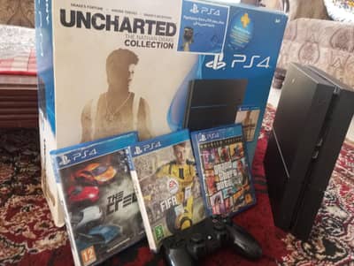 PS4 for sale with games wires and one controller with box