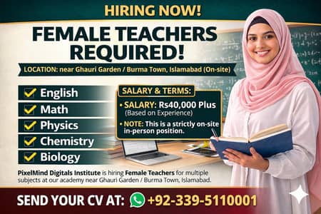 Female Teaching Jobs in Islamabad Rawalpindi (Math,Chemistry,English)