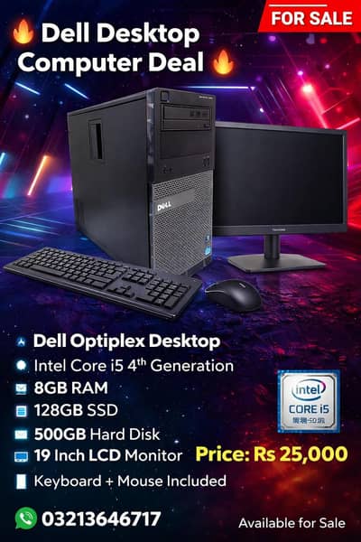 dell optiplex 3020, i5 4th gen, 8gb ram, 128ssd, 500 hard, 19 inch lcd