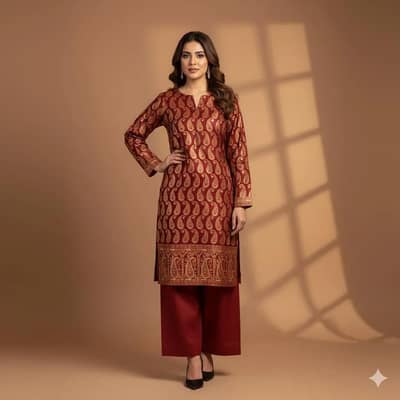 Maroon block-printed katan silk 2 Pcs Women's suit