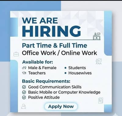 We are hiring male or female at lahore
