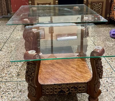 Wooden Sofa Table Set (3 Tables) with Glass Top