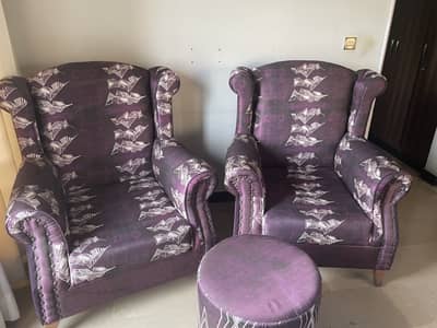 Set of two high back cushioned chairs and one stool