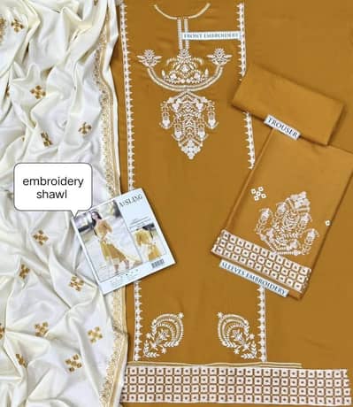 Golden embroidered 3 pcs lawn suit for wedding