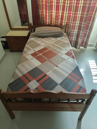 pure pine wood single bed for sale with matress, dresser and mirror