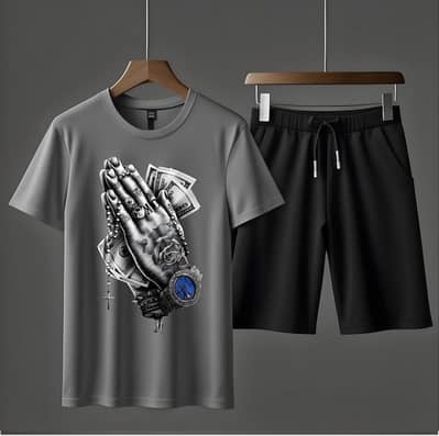 Men's Grey Printed T-shirt & Shorts Tracksuit Set