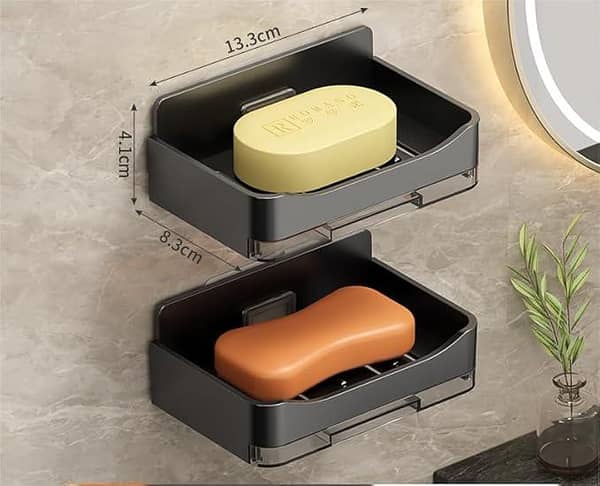 2PCS Wall Soap Holder – No Punching Drain Tray Soap Dish for Bathroom (Black)