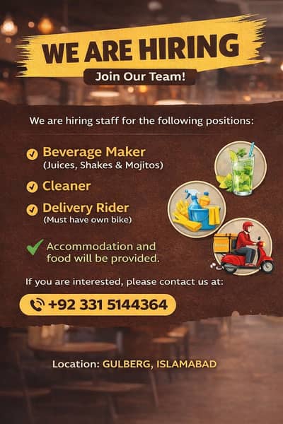 hiring a Delivery Rider, Diswashing order taking and Juice maker