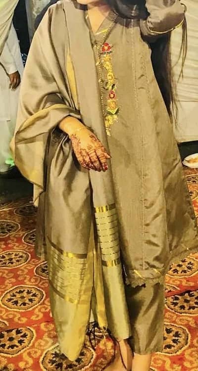 3 piece suit with hand work on neckline