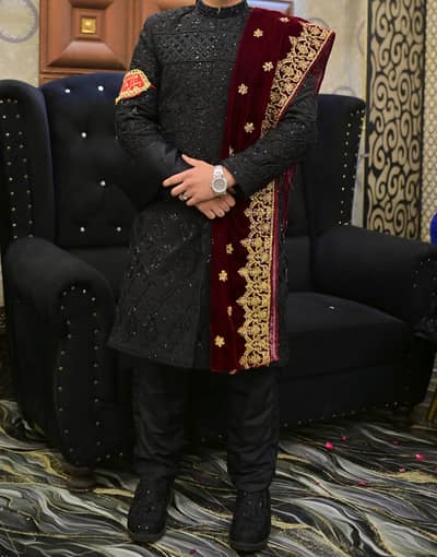 Black Barat Sherwani Full Hand Work with Shawl Qulla